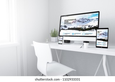 3d rendering of devices on desktop. responsive website home on screens.