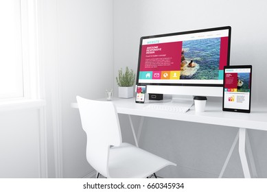 3d rendering of devices on desktop. responsive fresh and modern home website on screens.