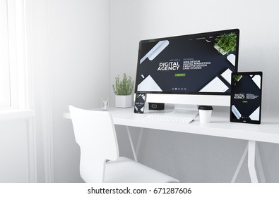 3d rendering of devices on desktop. innovative website digital agency home on screen. - Powered by Shutterstock