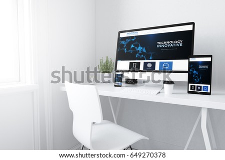 3d rendering of devices on desktop. innovative website home on screens.