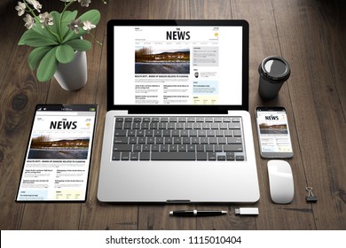 3d rendering of devices on wooden floor showing news website