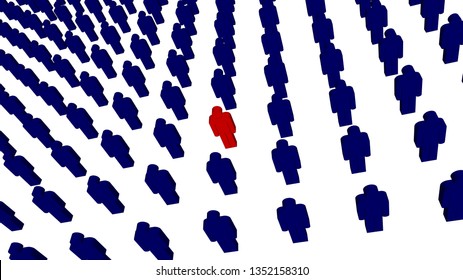 3D rendering of difference unique man stand among crowd.
