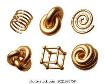 3d rendering  Different geometric golden shapes set  Modern minimal metal objects  isolated white background