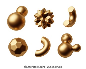 3d rendering  Different geometric golden shapes collection  Modern minimal metal objects  Icons set isolated white background