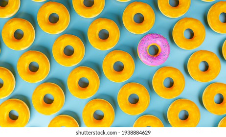 3D rendering different group of donut.Group independent and freedom sweet snack breakfast.Pink doughnut outstanding of way.