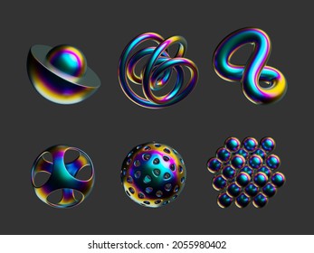 3d Rendering. Different Iridescent Geometric Shapes Set. Modern Minimal Metal Objects. Futuristic Clip Art Isolated On Dark Grey Background