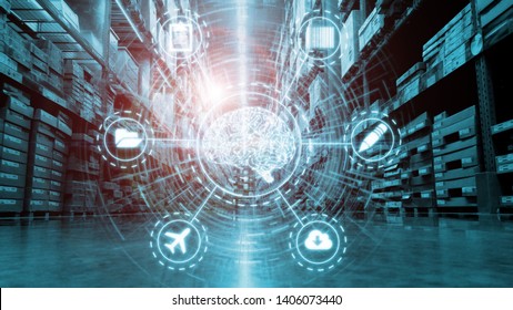 3D Rendering of digital circuit brain and logistic related icon with glowing led lights on blue color theme warehouse background. Concept of using ai for smart inventory management system