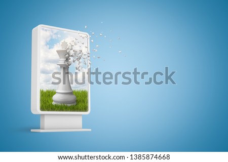 3d rendering of digital display with white chesspiece starting to dissolve in particles on screen on light-blue gradient background with copy space. Information era. Digital marketing. Digital space.