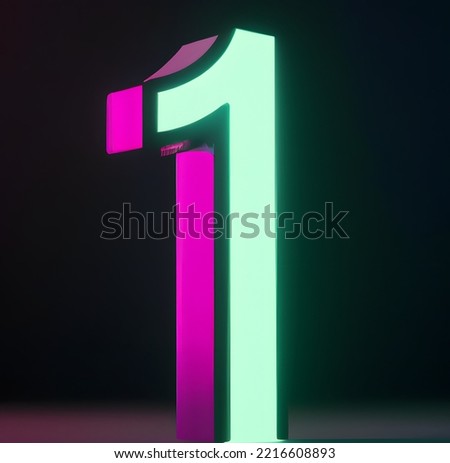 3d rendering of digital symbol, pink green gradient neon light glowing in the dark first place number one