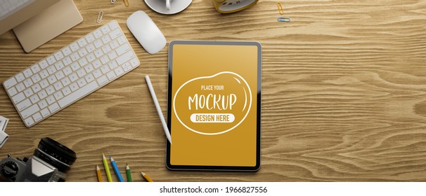 3D rendering, digital tablet with mock-up screen, camera and computer accessories on wooden table, 3D illustration