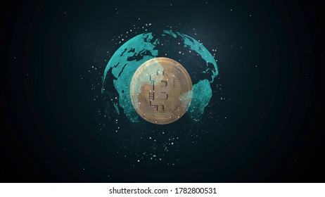 3d rendering digital transparent globe with bitcoin coin inside