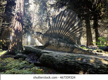 3D rendering of Dimetrodon relaxing on a rock in a woodland forest.