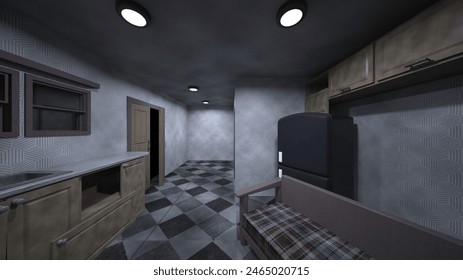 3D rendering of the dimly lit dining kitchen