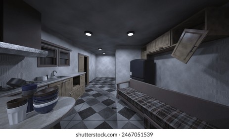 3D rendering of the dimly lit dining kitchen