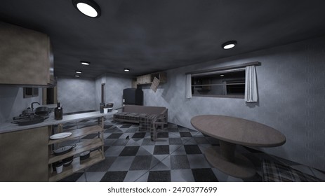 3D rendering of the dimly lit dining kitchen