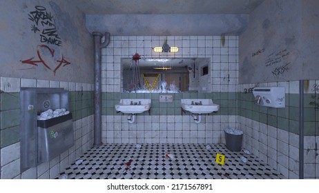 3D rendering of the dimly lit restroom