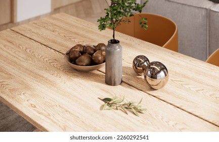 3d rendering dining room interior design and decoration. Closeup wooden table and chairs.