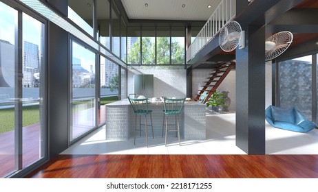 3D rendering of the dining room with large windows