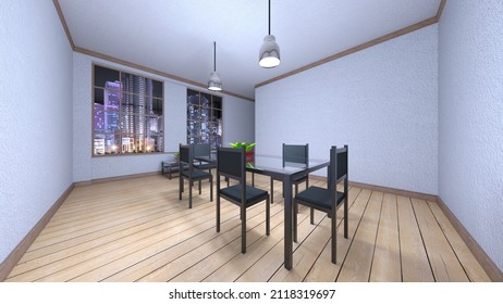 3D rendering of the dining room with night view