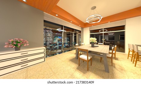 3D rendering of the dining room with night view
