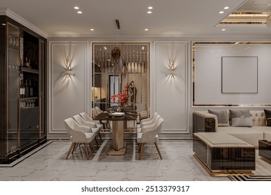3d rendering dining set in modern luxury dining room interior with white and gold accents