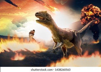 3d rendering of dinosaur and asteroids during extinction day