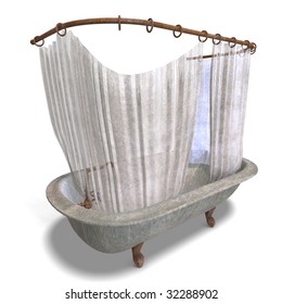 3d Rendering Of A Dirty And Dangerous Bathtube With Shower Curtain With Clipping Path And Shadow Over White