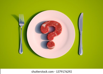 3D rendering of a dish with raw meat in the shape of a question mark  - Powered by Shutterstock