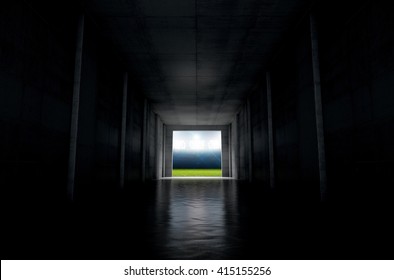 A 3D Rendering Of A Distant Look Down A Dark Stadium Sports Tunnel To Enter A Lit Arena In The Distance