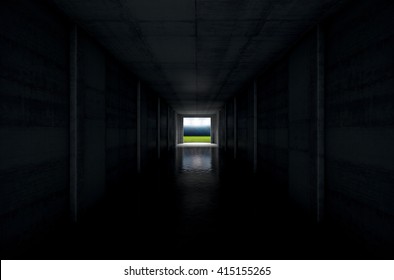 A 3D Rendering Of A Distant Look Down A Dark Stadium Sports Tunnel To Enter A Lit Arena In The Distance