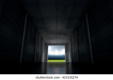 A 3D Rendering Of A Distant Look Down A Dark Stadium Sports Tunnel To Enter A Lit Arena In The Distance