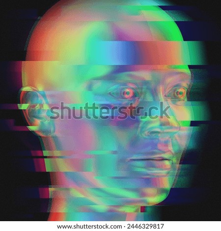 3D rendering: distorted chromatic head on black