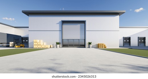 3d rendering of distribution center, warehouse exterior. Include  roller shutter, truck, box, forklift and space on concrete floor for industrial background and concept of logistics, import export.