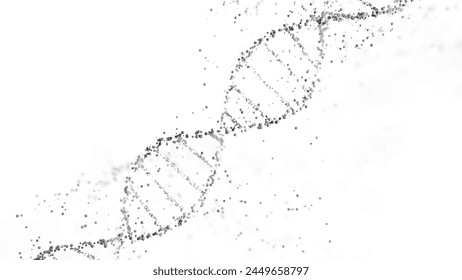 3D rendering of a DNA double helix structure with spheres on a white background with copy space. Genomic sequencing, molecular biology, and genetic data analysis