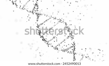3D rendering of a DNA double helix structure with spheres on a white background with copy space. Genomic sequencing, molecular biology, and genetic data analysis