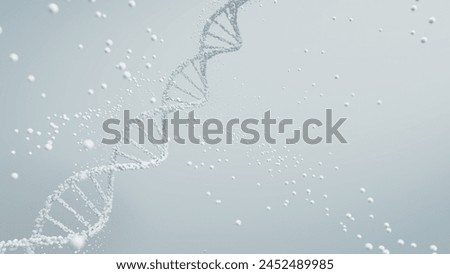 3D rendering of a DNA molecule in white with particles against a light background, scientific purity and genetic analysis. 