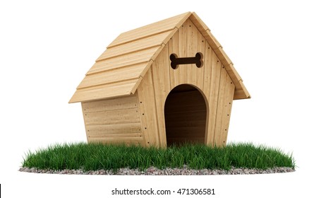 3d rendering of a dog house on a small patch of grass, isolated on white