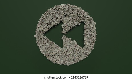 3d Rendering Of Dollar Cash Bills Rolls And Stacks In Shape Of Symbol Of Rewind Sign In Circle On Green Background With Soft Shadows