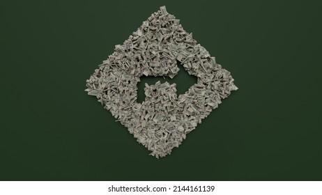 3d Rendering Of Dollar Cash Bills Rolls And Stacks In Shape Of Symbol Of Lozenge Traffic Sign With Right Arrow On Green Background With Soft Shadows