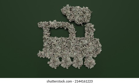 3d Rendering Of Dollar Cash Bills Rolls And Stacks In Shape Of Symbol Of Old Locomotive With Smoke On Green Background With Soft Shadows