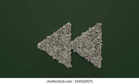 3d Rendering Of Dollar Cash Bills Rolls And Stacks In Shape Of Symbol Of Rewind Sign On Green Background With Soft Shadows