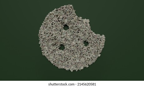 3d rendering of dollar cash bills rolls and stacks in shape of symbol of cookie with bite on green background with soft shadows