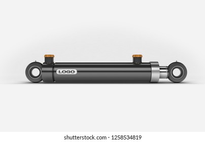 3D rendering of double acting black and metallic hydraulic cylinder