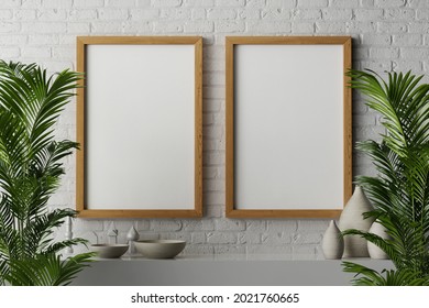 3d rendering of double large 24x36 inch hanging on the white brick wall with canvas paper for poster or artwork mockup in dark wooden frame in cozy modern contemporary natural interior