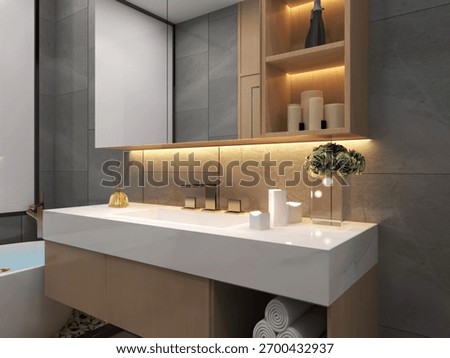3d rendering of a dramatic contemporary bathroom featuring striking black vertical tiles, a patterned floor, marble countertop, and sophisticated brass accents