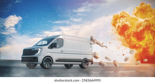 3d rendering - Dramatic escape from a van explosion scene.