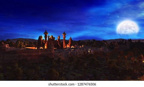 3D Rendering Of A Dreamy Fairy Tale Concept Palace In The Desert Environment During A Magical Full Moon Night 