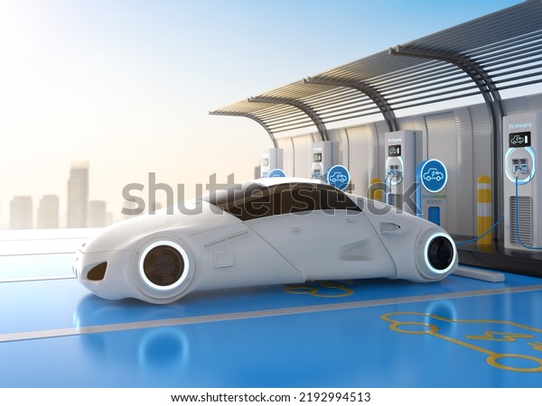 3d rendering driverless car or autonomous car\
plug in with ev charging\
station