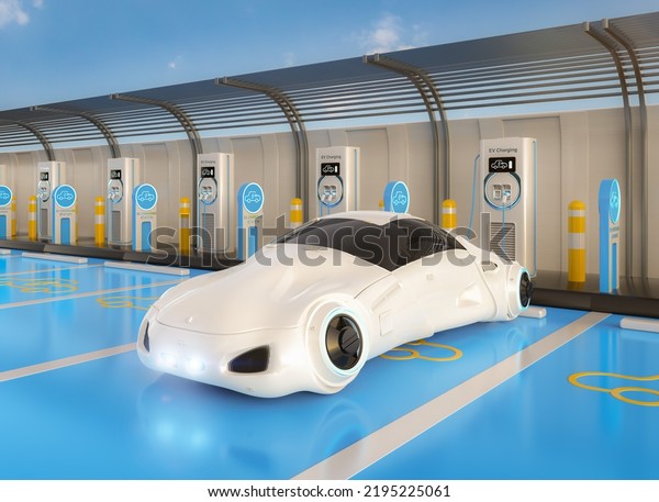 3d rendering driverless car or autonomous car\
plug in with ev charging\
station