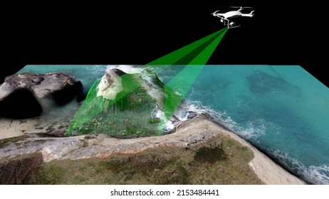 3D Rendering of drone operation with photogrammetry and termography. 3D model of drone with payload for digital reconstruction on black background.
